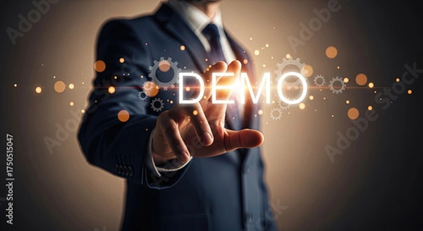 Fototapeta Interactive Demo Presentation: Businessman Touching Virtual Screen with Demo Text and Gears, Technology Concept for Business, Innovation, and Solutions