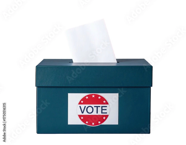 Obraz A teal ballot box with a "Vote" sticker, and a paper ballot inserted