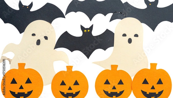 Obraz Festive arrangement with paper-cut pumpkins, ghosts, and bats on a dark background