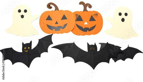 Obraz Festive cut-out decorations happy ghosts, jack-o'-lanterns, and bats in a row
