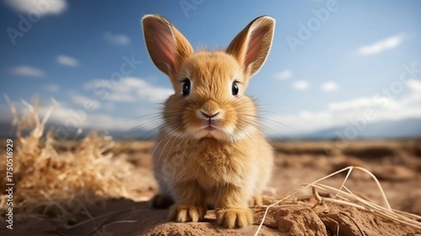 Obraz A Fluffy Young Cottontail Rabbit Sits Alertly in a Dry, Arid Landscape with a Blue Sky Overhead