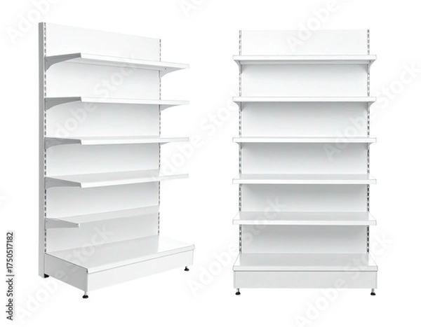 Obraz Two empty white retail shelves displayed side-by-side, perfect for product placement