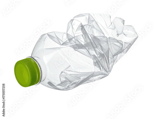 Obraz Crushed, clear plastic bottle with green cap against black background