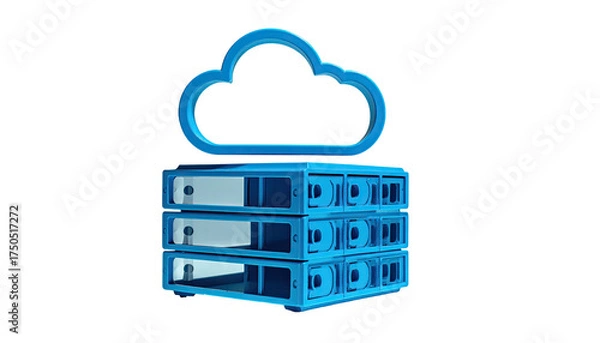 Obraz A blue 3D cloud icon atop stacked server racks, against a black background