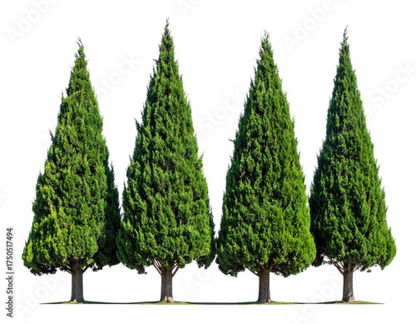 Obraz Four tall, green, evergreen trees with coned shapes, isolated on a black background