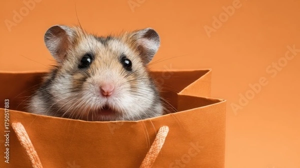 Fototapeta fluffy hamster in an orange bag,