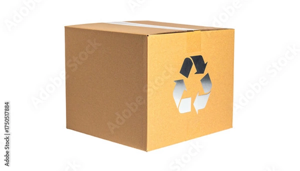 Obraz Cardboard box with recycling symbol, set against a black background