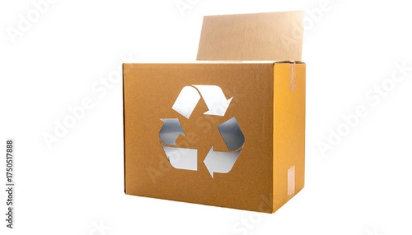 Obraz Cardboard box with recycling symbol cutout, lid ajar, on black background