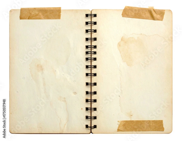 Obraz Open spiral notebook with aged, stained pages taped with brown paper, blank