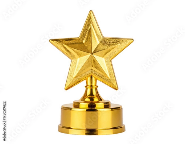 Fototapeta A shiny gold star trophy on a pedestal, isolated on a black transparent background