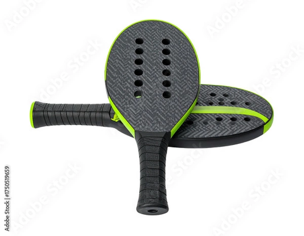 Fototapeta Two gray, perforated paddles with green accents and textured black handles, on black