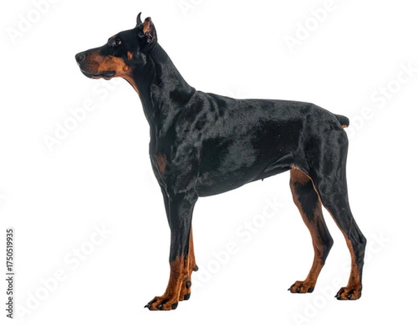 Fototapeta A sleek black and tan Doberman pinscher stands in profile against a plain backdrop