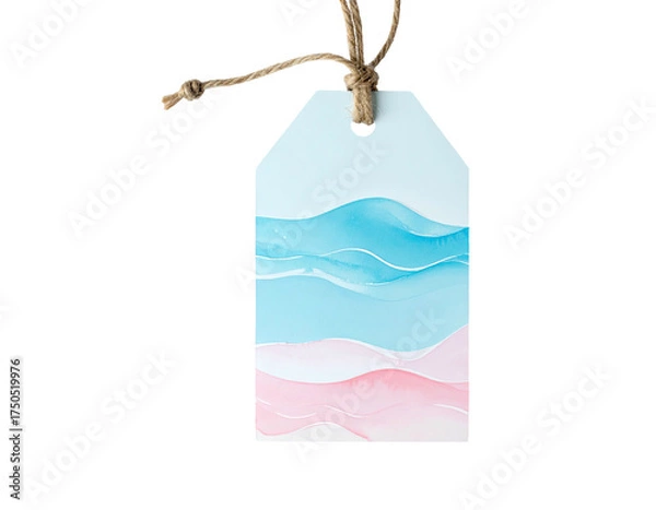 Fototapeta A gift tag with painted water-themed design, suspended by twine on a black background