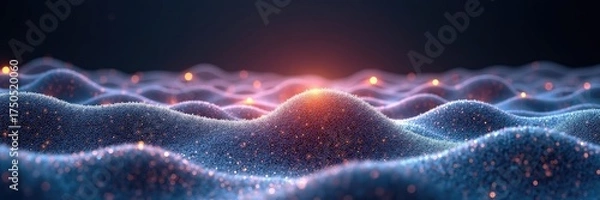 Obraz Abstract digital landscape showcases a field of textured blue and purple dunes with radiant, glowing particles, illuminated by warm orange light, creating a serene, ethereal, and captivating visual...