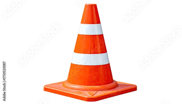 Fototapeta Single, vibrant orange & white striped cone on a square base; shadow removed