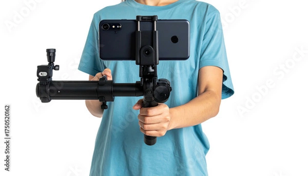 Fototapeta Person holding a mobile device with a gimbal, against a black background