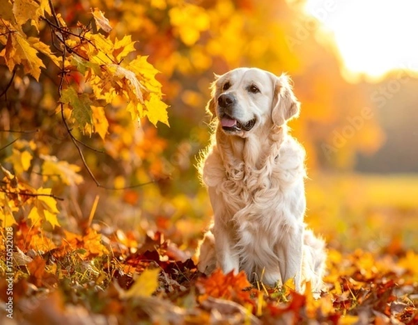Obraz Golden retriever sits among autumnal foliage, bathed in sunlight. The dog is light-colored, with a joyful expression. Warm colors highlight the season