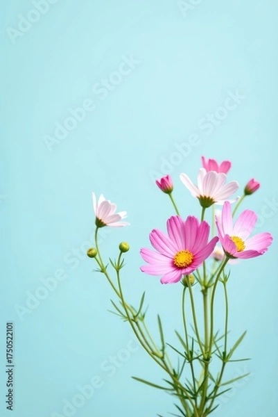 Obraz Vivid pink and white flowers with yellow centers and green stems bloom, set against a serene, light blue background, creating a sense of natural beauty and tranquility.