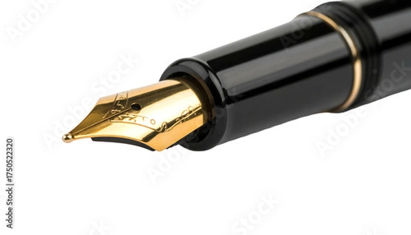 Fototapeta Closeup of a classic black fountain pen with a golden nib isolated on a white background.