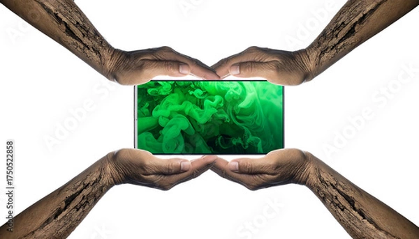 Fototapeta Collaborative Hands Holding a Glowing Green Energy Source.