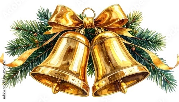Obraz Watercolor illustration depicting golden bells and pine branches with gold ribbon. A festive, seasonal design