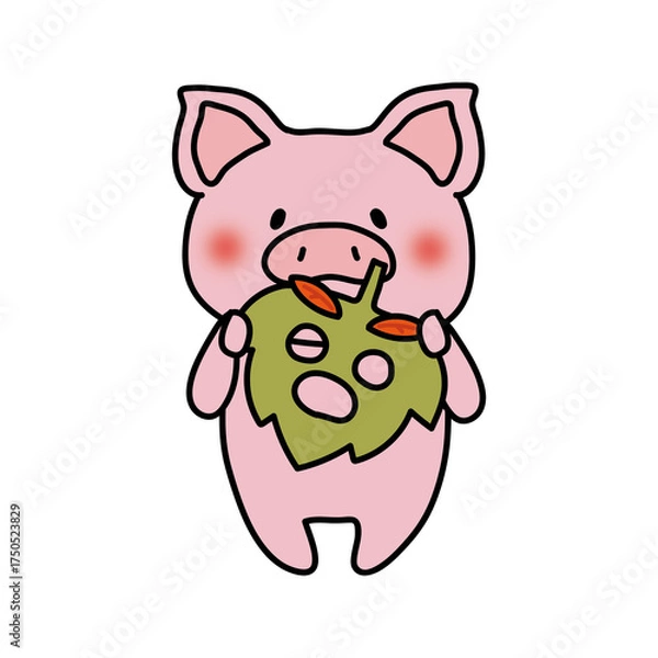 Fototapeta 落ち葉のお面を持つぶた