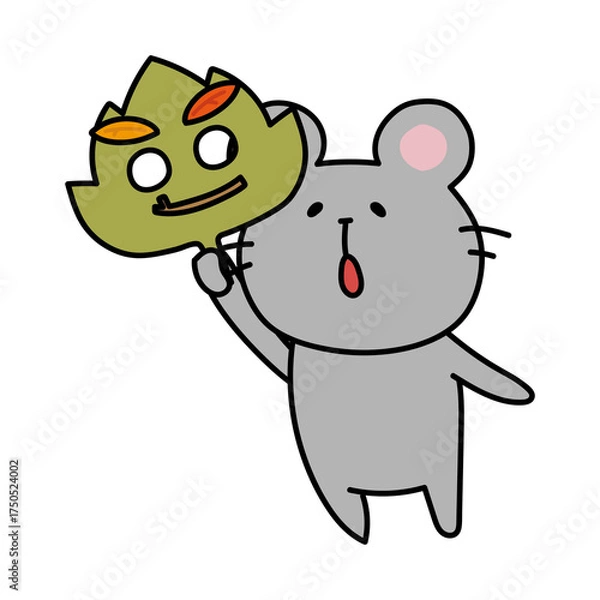 Obraz 落ち葉のお面を持つネズミ