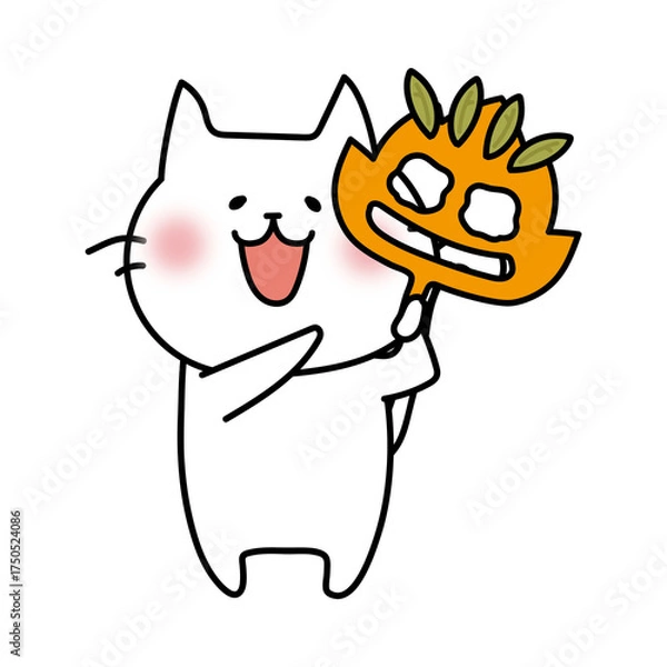 Fototapeta 落ち葉のお面を持つ白い猫