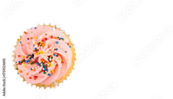 Fototapeta Delicious pink frosted cupcake with colorful sprinkles on a white background.