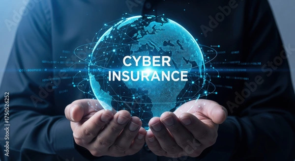 Fototapeta Cyber Insurance Global Protection Concept: A man holds a digital globe with network connections, symbolizing data security and insurance coverage.
