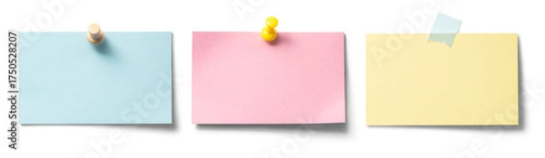 Fototapeta 画鋲やテープで貼られた、カラフルな名刺大のメモ。カード。