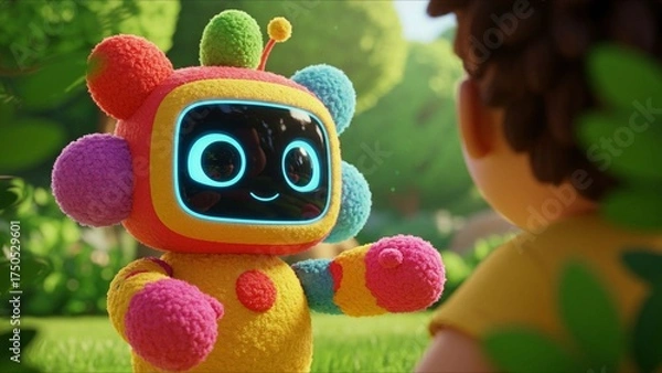 Fototapeta Colorful robot interacting with child outdoors