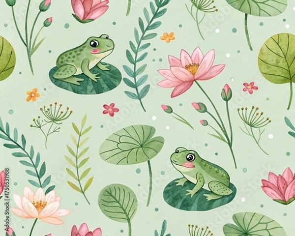 Fototapeta Adorable Watercolor Frog and Lotus Pond Pattern with Delicate Aquatic Flora