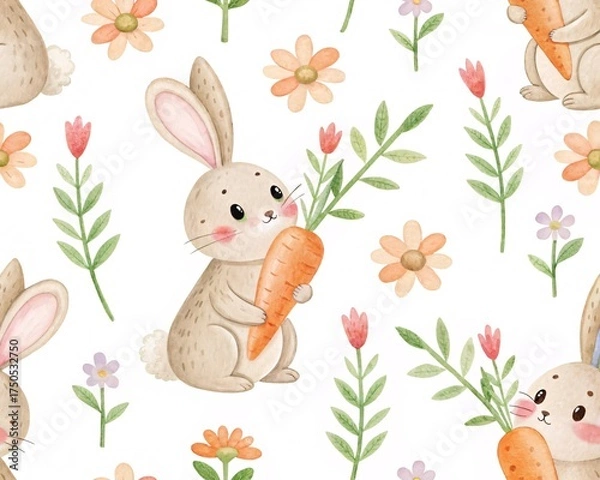 Fototapeta Adorable Watercolor Cute Bunny Rabbit Eating Carrot Spring Flowers Seamless Pattern Design