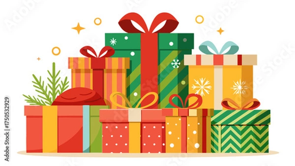 Fototapeta Pile of colorful christmas gift boxes with ribbons and festive decorations