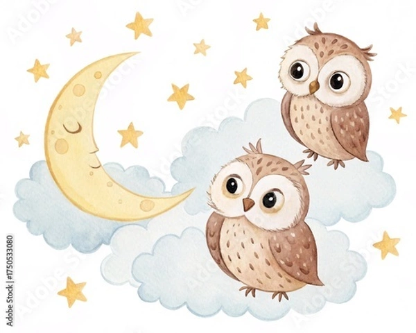 Obraz Adorable Cute Little Owls Nestled Amongst Fluffy Clouds Beneath A Smiling Crescent Moon And Twinkling Yellow Stars Under A Dark Night Sky