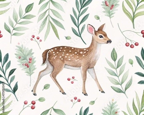 Fototapeta Enchanting Forest Dweller A Whimsical Watercolor Pattern of a Spotted Fawn Amidst Lush Greenery and Red Berries