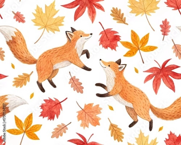 Fototapeta Adorable Watercolor Foxes Dancing Among Falling Autumn Leaves A Whimsical Woodland Creature Design