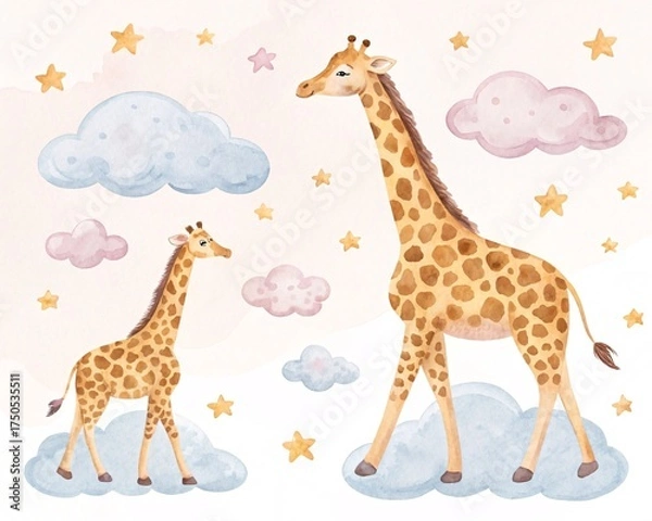 Fototapeta Adorable Watercolor Giraffes with Stars and Clouds Cute Animal Pattern Design for Nursery Decor and Childrens Art