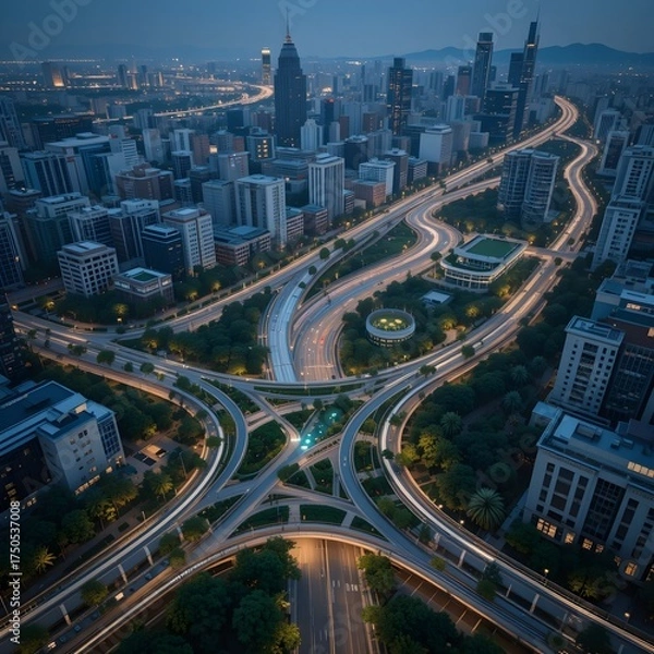 Fototapeta interchange, IC, pedestrian overpass, pedestrian bridge, sky garden walkway, sky garden pedestrian, merge lane, ramp, urban planning, road planning in urban planning, AI Generative