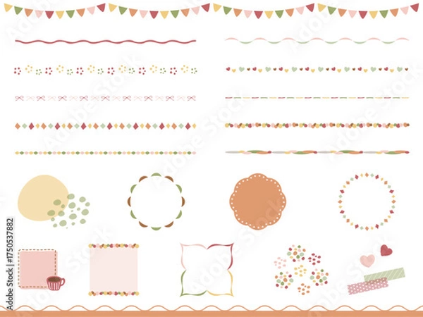 Obraz やさしくて暖かい色合いのかざりせんやフレーム、あしらいのイラスト素材セット