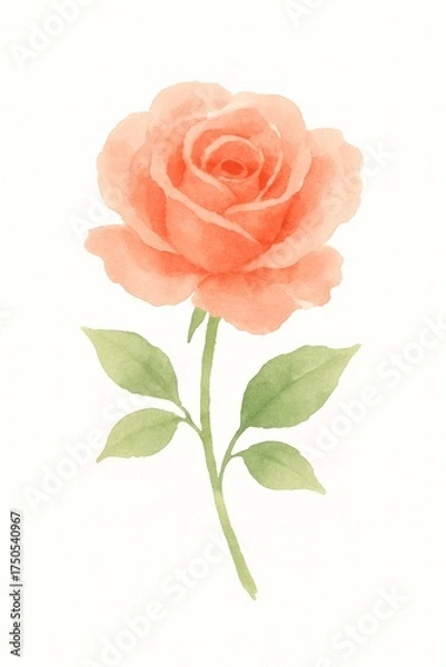 Fototapeta A beautiful watercolor painting of a rose. The flower has soft peach-colored petals and green leaves, with a delicate stem