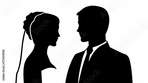 Fototapeta Elegant bride and groom silhouetted facing each other symbolizing love and commitment on wedding day
