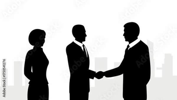 Fototapeta Confident business professionals shaking hands in agreement, symbolizing partnership and success in urban settings.