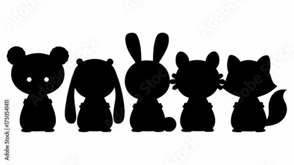 Fototapeta Five adorable cartoon animal silhouettes creating a playful and charming scene for children's designs