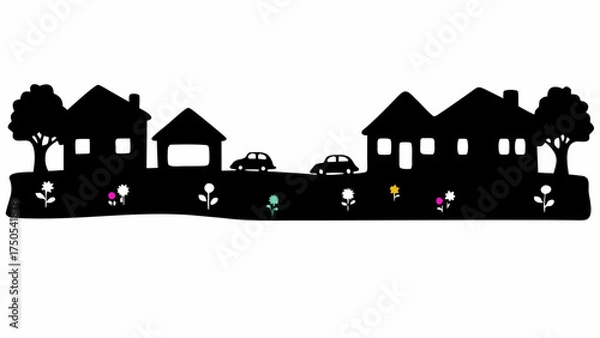 Fototapeta Charming silhouette of houses trees cars and colorful flowers creating a delightful neighborhood scene
