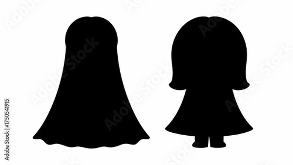 Fototapeta Two stylized female silhouettes, one with flowing gown, the other in a dress, representing elegance and simplicity