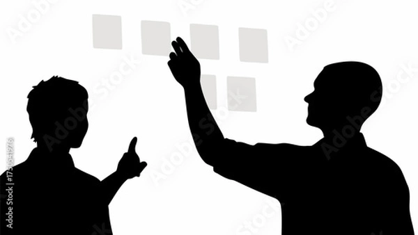 Fototapeta Colleagues collaborate on ideas, planning strategy with sticky notes on a whiteboard for business success