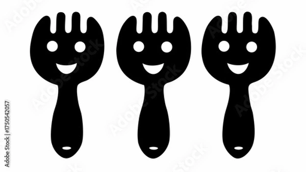 Fototapeta Three happy smiling forks in a row convey joy and readiness for fun mealtime experiences