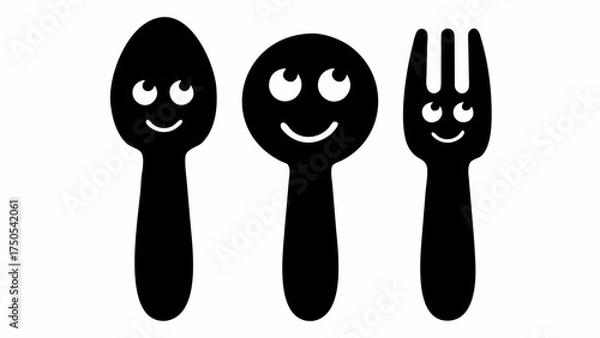 Fototapeta Happy cartoon spoon and fork characters smiling together, representing friendship and fun meals
